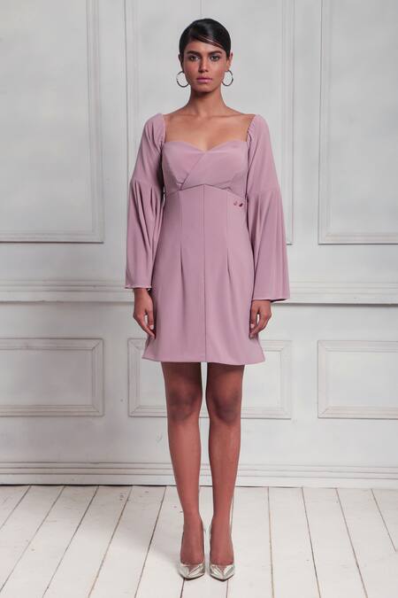 Shop_Couché By Anandini_Pink Pashmina Sweetheart Neck Punto Skater Dress _Online_at_Aza_Fashions