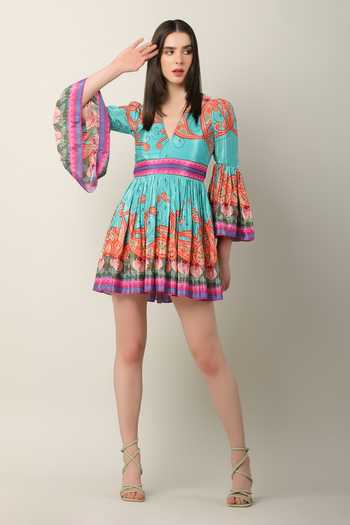 Buy_Limerick By Abirr N' Nanki_Multi Color Crepe V-neck Zeel Fit And Flare Dress _Online_at_Aza_Fashions