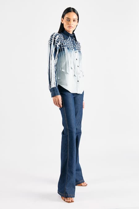Buy Mellowdrama Blue Tencel Fringe Shawl Neck Appliqued Shirt Online at Aza Fashions Buy_Mellowdrama_Blue Tencel Fringe Shawl Neck Appliqued Shirt_Online_at_Aza_Fashions