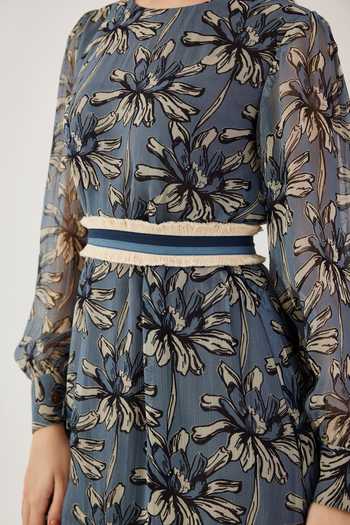 Buy_Koai_Blue Chiffon Fringe Round Neck Floral Print Midi Dress _Online_at_Aza_Fashions