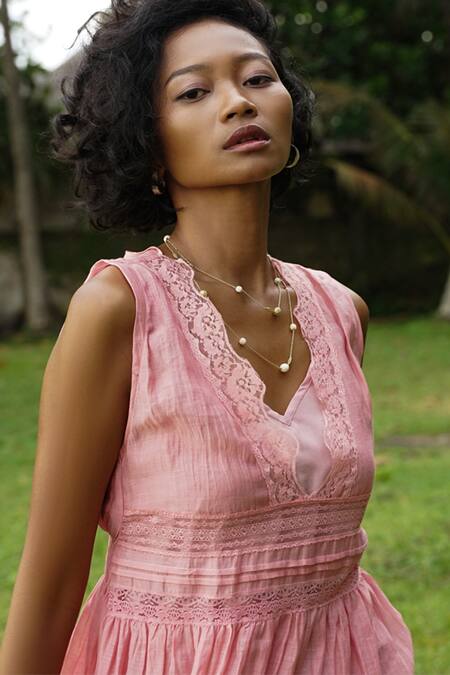 Shop_Baju_Pink 40% , 60% , Chanderi Lace Work V Rosa Layered Dress_Online_at_Aza_Fashions