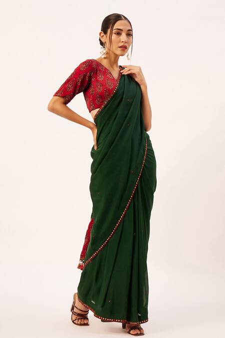 Buy Zariya The Label Green Silk, Modal, Placed Handblock Print Patch Pre-draped Saree With Blouse Online at Aza Fashions Buy_Zariya The Label_Green Silk, Modal, Placed Handblock Print Patch Pre-draped Saree With Blouse_Online_at_Aza_Fashions