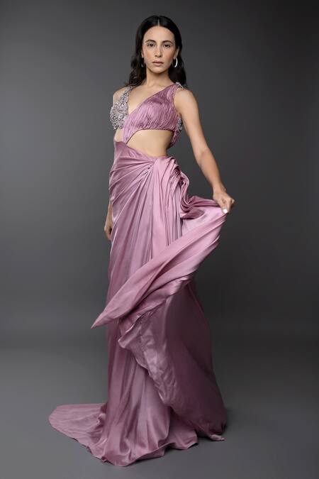 Buy_Anjum Qureshi_Pink Satin Hand Embroidered Sequin V Neck Draped Gown _Online_at_Aza_Fashions