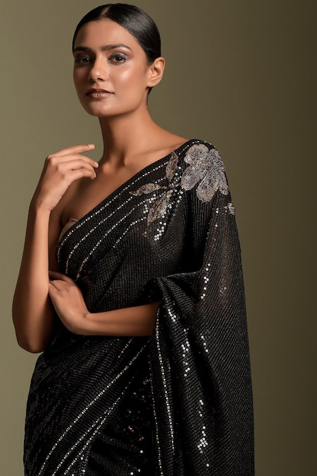 Buy_Two Sisters By Gyans_Black Saree Georgette Sequins, Crystals, Beads Flower Embellished Sheeting _Online_at_Aza_Fashions