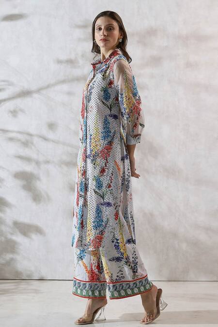 Buy RANNA GILL Multi Color Viscose Linen Print Floral Schiffli Embroidered Kurta Online at Aza Fashions Buy_RANNA GILL_Multi Color Viscose Linen Print Floral Schiffli Embroidered Kurta _Online_at_Aza_Fashions