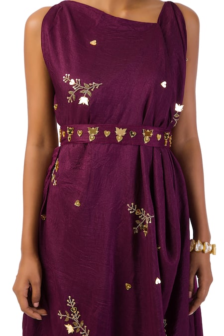Buy Meghna Shah Wine Denim Beads, Stones Asymmetric Hand Embroidered Cowl Dress With Belt Online at Aza Fashions Buy_Meghna Shah_Wine Denim Beads, Stones Asymmetric Hand Embroidered Cowl Dress With Belt _Online_at_Aza_Fashions