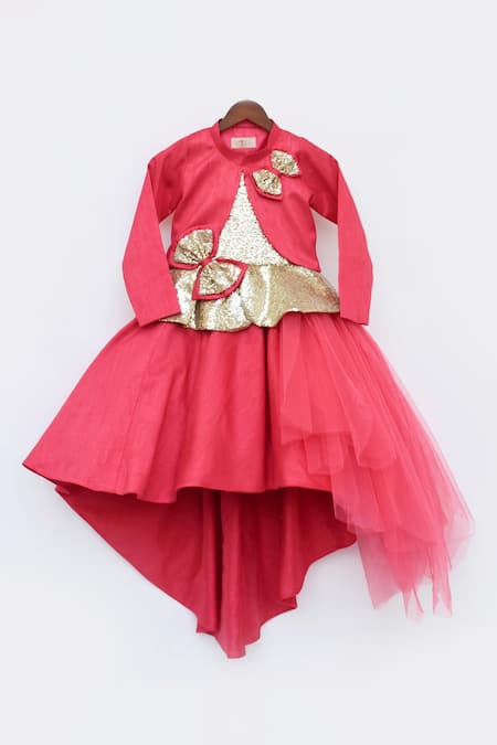 Buy_Fayon Kids_Coral Net, Silk Sequins High Low Hem Gown With Jacket _Online_at_Aza_Fashions