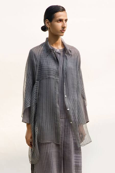 Buy_Urvashi Kaur_Grey Linen Embroidery Collared Terra Block Print Shirt _Online_at_Aza_Fashions