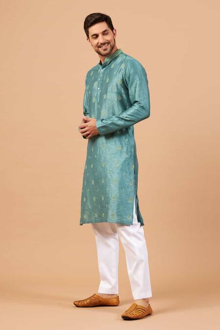 Hilo Design_Blue Cotton, Silk, Lycra Embroidery Greafy Floral Kurta Set _Online_at_Aza_Fashions
