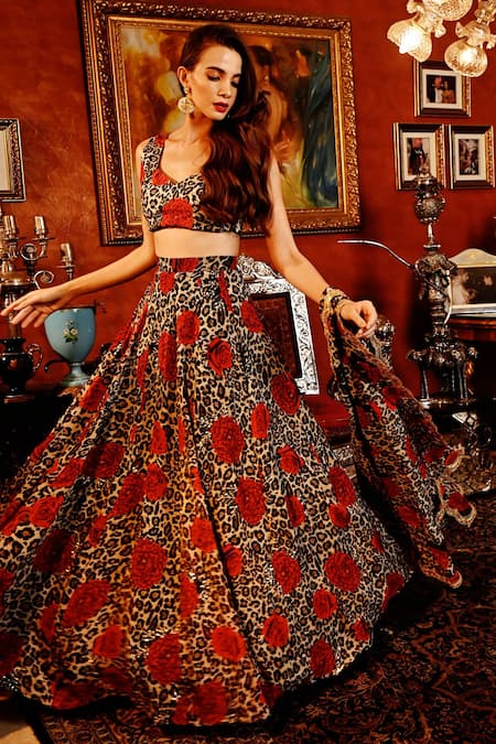 Buy_Sanam_Multi Color Organza Sequins, Beads, Mirabelle Floral And Leopard Print Lehenga Set _Online_at_Aza_Fashions