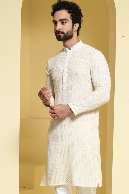 Buy_Kustomeyes_Ivory Cotton, Silk Sequins Embroidered Kurta And Pant Set _Online_at_Aza_Fashions