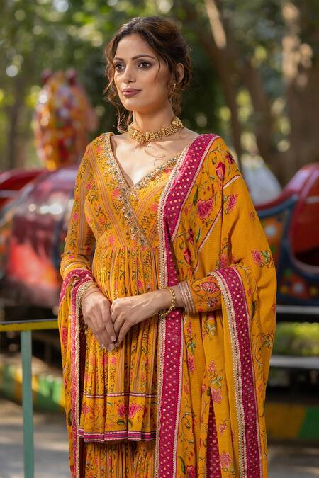 Buy Irrau By Samir Mantri Yellow Georgette Embroidery, Sequins, Tassels Floral Stripe Print Gharara Set Online at Aza Fashions Buy_Irrau By Samir Mantri_Yellow Georgette Embroidery, Sequins, Tassels Floral Stripe Print Gharara Set _Online_at_Aza_Fashions