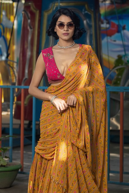 Ruuprekha Yellow & Red Printed Pooja Saree for Women with Blouse Piece