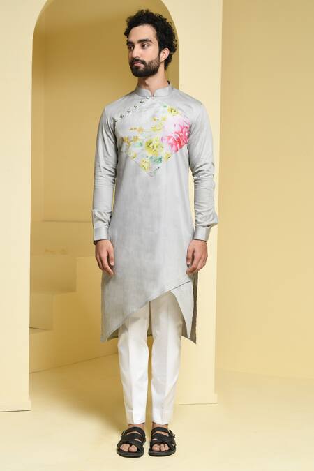Buy_Kustomeyes_Silver Cotton Kurta And Pant Set _Online_at_Aza_Fashions