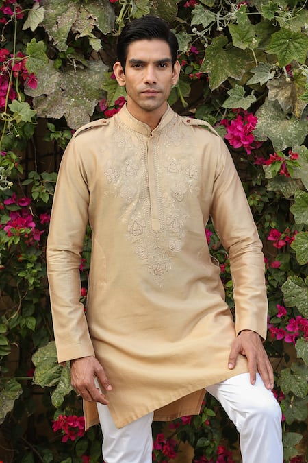 Buy_Raw & Rustic By Niti Bothra_Beige Chanderi Silk Embroidery Banarasi Applique Kurta _Online_at_Aza_Fashions