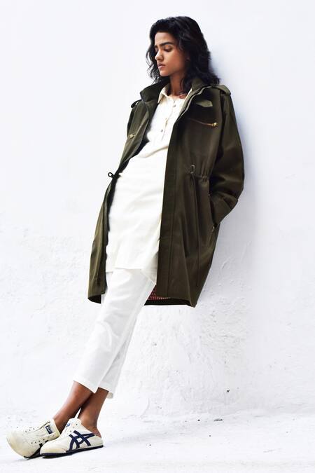Buy_Kharakapas_Green Twill Collared Parka Jacket _Online_at_Aza_Fashions