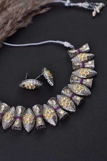 Buy_Swabhimann_Silver Plated Crystals, Stones Leaf Shaped Polki Necklace Set _Online_at_Aza_Fashions
