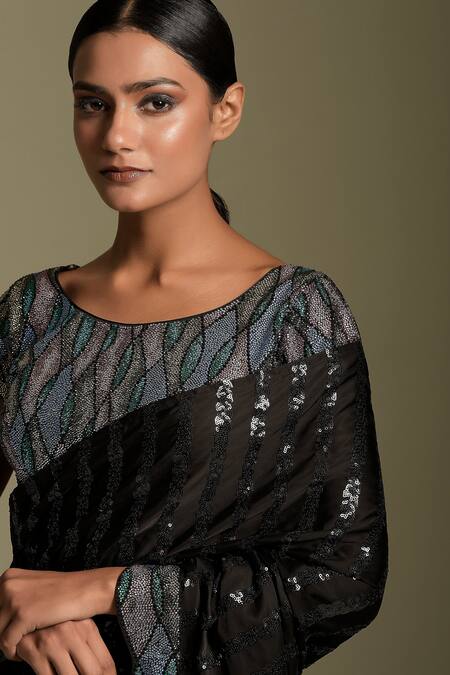 Buy_Two Sisters By Gyans_Black Satin Sequin And Swarovski Stones Boat Neck Striped Work Saree With Blouse_Online_at_Aza_Fashions