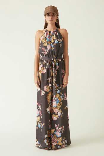 Buy_Payal Pratap_Brown Linen Satin Printed Floral Halter Batur Jumpsuit  _Online_at_Aza_Fashions
