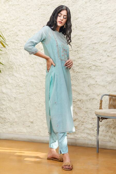 Buy_Tatwa_Blue Handloom Cotton, Viscose, Silk Embroidery Round Chanderi Kurta And Pant Set _Online_at_Aza_Fashions