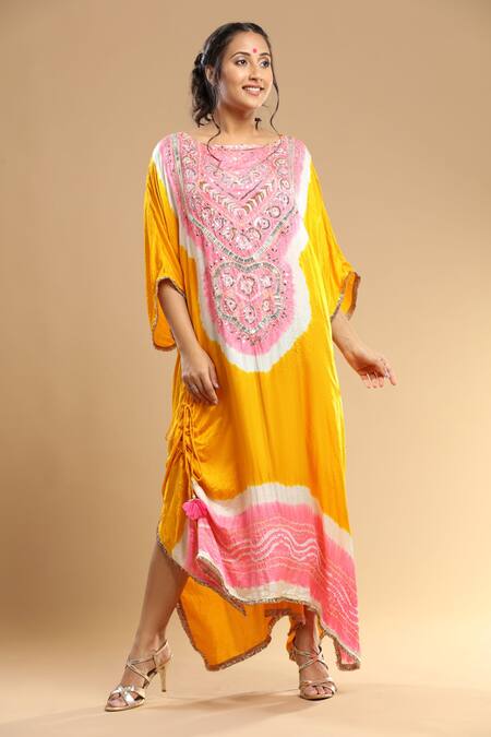 Buy_Etasha By Asha Jain_Yellow Gabardine Mirrors, Crystals Round Embellished Bandhani Pattern Kaftan _Online_at_Aza_Fashions