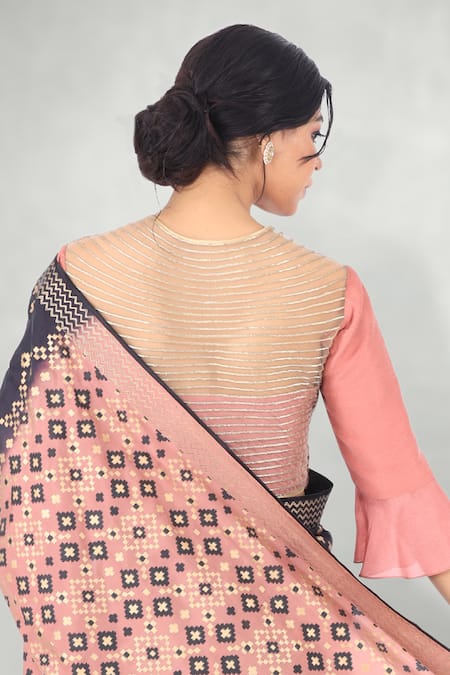 Buy_I Am Design_Pink Raw Silk Floral And Kantha Embroidery Round Button Down Crop Top _Online_at_Aza_Fashions