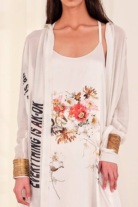 Buy_AK-OK_White Satin Embroidery Round Neck, Collared Printed Long Jacket With Slip Dress _Online_at_Aza_Fashions