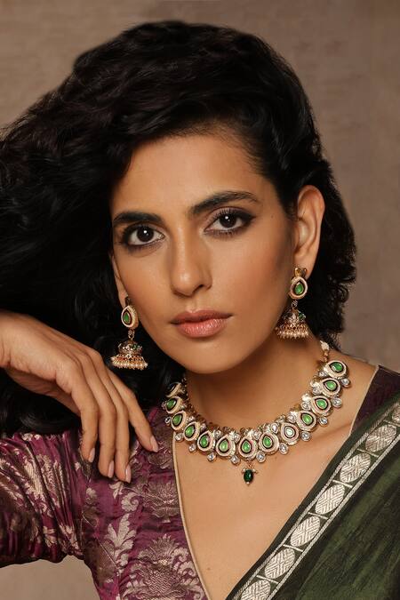 Buy_Swabhimann_Green Crystals, Stones Emerald Tear Drop Necklace Set _Online_at_Aza_Fashions