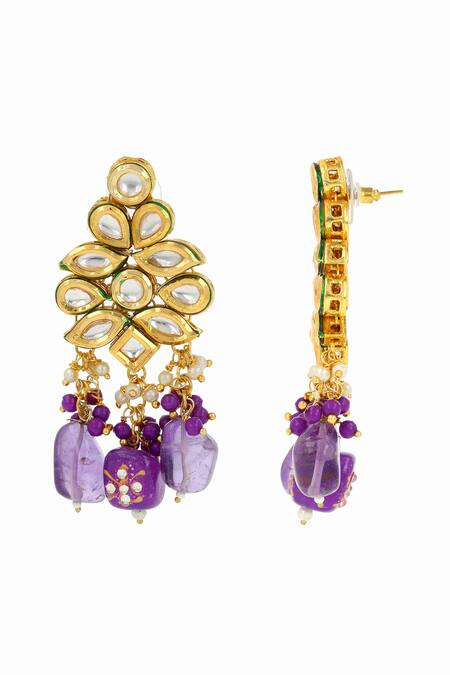 Shop_Ishhaara_Purple Pearls, Stones Embellished Earrings _Online_at_Aza_Fashions