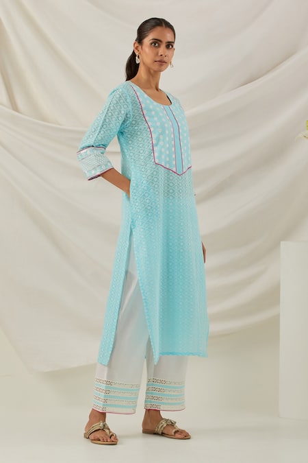 Buy The Indian Cause Blue Cotton Sequins, Embroidery Round Geometric Chikankari Kurta With Palazzo Online at Aza Fashions Buy_The Indian Cause_Blue Cotton Sequins, Embroidery Round Geometric Chikankari Kurta With Palazzo_Online_at_Aza_Fashions