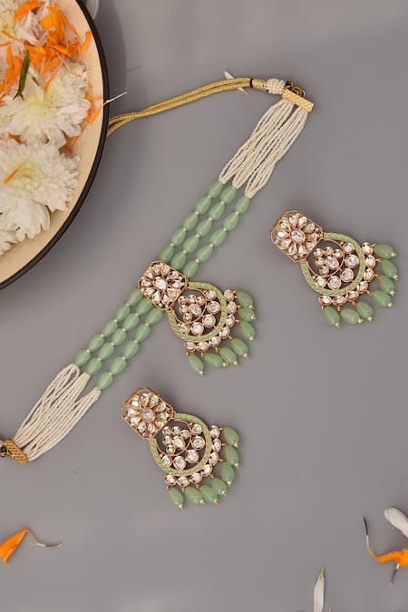 Buy_Swabhimann_Green Beads, Diamonds Multi-layered Choker Set _Online_at_Aza_Fashions