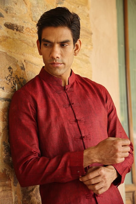 Buy_Raw & Rustic By Niti Bothra_Red 60 Lea, European Flax Certified Mandarin Collar Handcrafted Straight Shirt_Online_at_Aza_Fashions