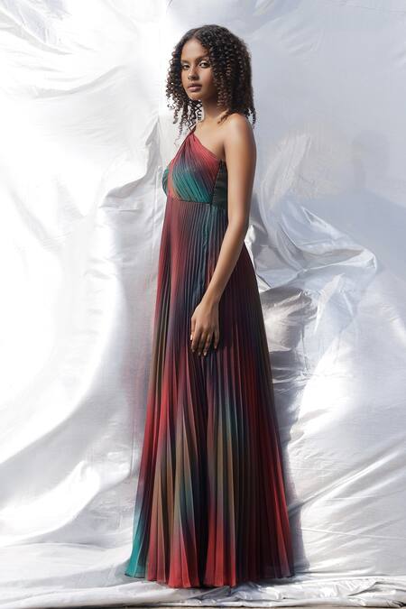 Buy_Zwaan_Multi Color Chiffon, Satin Sweetheart Neck Pleated One Shoulder Draped Gown_Online_at_Aza_Fashions