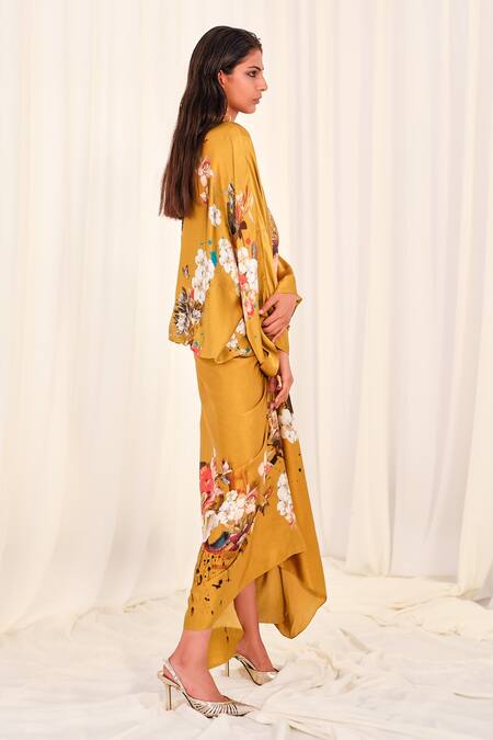 Buy_AK-OK_Yellow Silk Embroidery Round Neck Floral Print Top With Drape Skirt _Online_at_Aza_Fashions