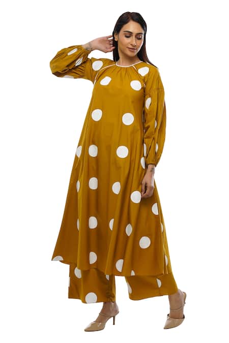 Buy_Khat_Yellow Round Neck Polka Dot Dress Pant Co-ord Set _Online_at_Aza_Fashions