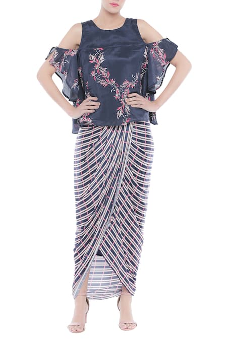 Soup By Sougat Paul Blue Crepe Floral, Striped Round Neck Printed Draped Skirt Set 