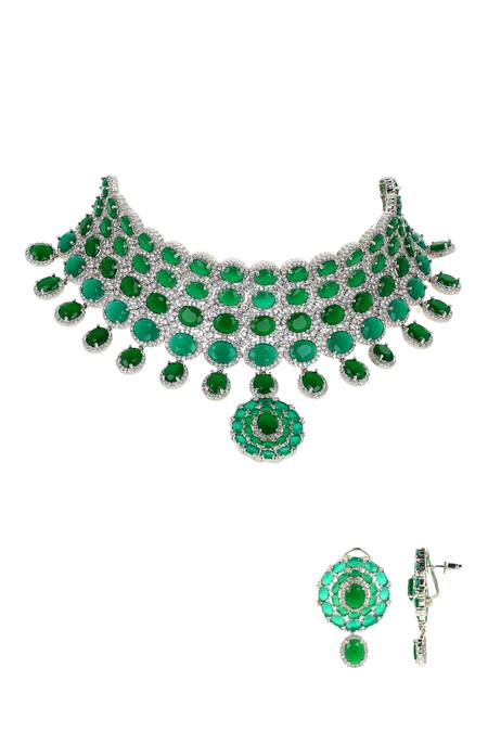 Buy Ishhaara Green Stones Carved Floral Embellished Choker Necklace Set Online at Aza Fashions Buy_Ishhaara_Green Stones Carved Floral Embellished Choker Necklace Set _Online_at_Aza_Fashions