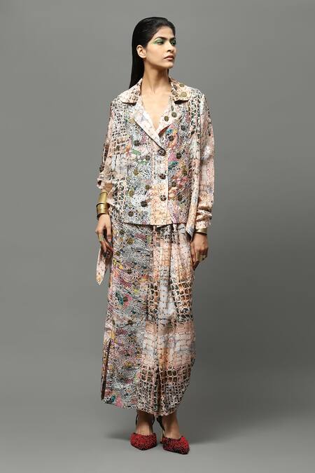 Shop AK-OK Multi Color Silk Embroidery Collared Abstract Print Top And Draped Skirt Set Online at Aza Fashions Shop_AK-OK_Multi Color Silk Embroidery Collared Abstract Print Top And Draped Skirt Set _Online_at_Aza_Fashions