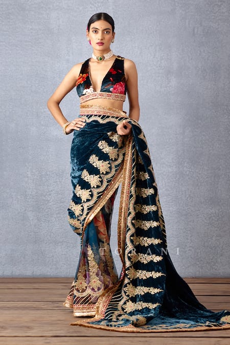 Buy_Torani_Blue Silk Velvet Digital Print, Gota Patti And Zari Shabnami Debi Makhmal Blouse _Online_at_Aza_Fashions