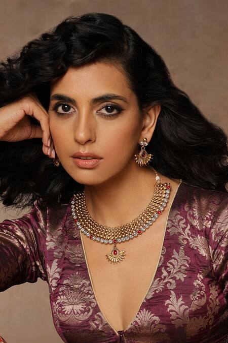 Shop_Swabhimann_Red Diamonds, Stones Ruby Embellished Temple Necklace Set _Online_at_Aza_Fashions