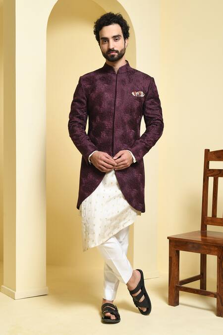 Buy_Kustomeyes_Wine Silk Embroidery Sherwani Set_Online_at_Aza_Fashions