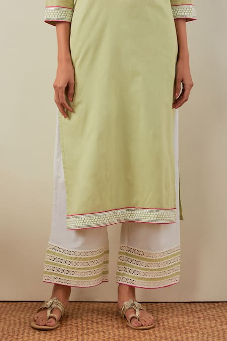 Shop_The Indian Cause_Peach Cotton Embroidery Round Neck Rozana Kurta And Palazzo Set_Online_at_Aza_Fashions