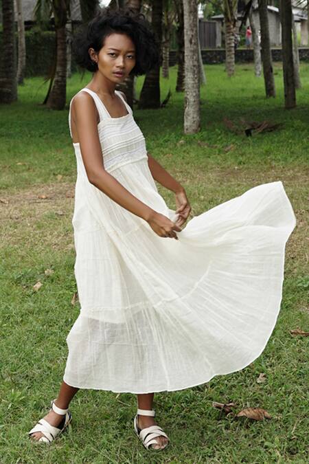 Baju_Ivory 40% , 60% , Chanderi Lace Work Square Sasa Dress_Online_at_Aza_Fashions