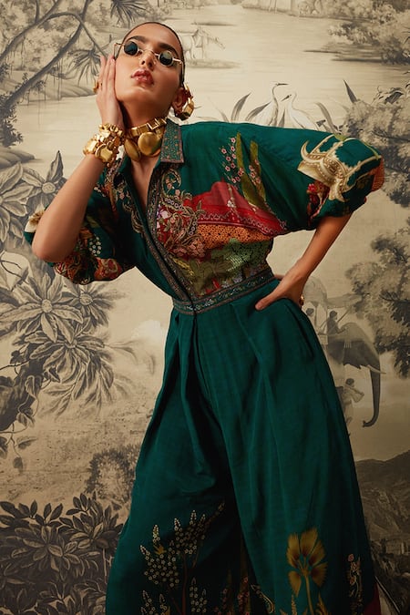 Buy_Kalista_Green Crepe Embroidery Collared Seinna Mughal Print Jumpsuit _Online_at_Aza_Fashions