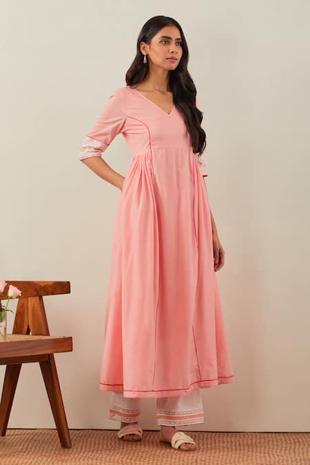 Buy_THE INDIAN CAUSE_Peach Cotton Sequins, Embroidery V-neck Chikankari Anarkali Set _Online_at_Aza_Fashions