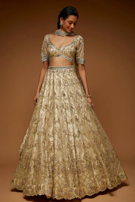 Buy_Neeta Lulla_Gold Tulle Sequins, Zari, Cut Work V-neck Ashlyn Embroidered Bridal Lehenga Set_Online_at_Aza_Fashions