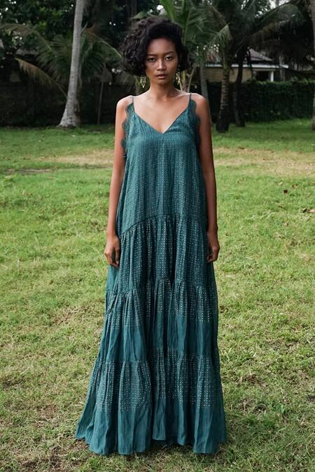 Shop_Baju_Green 40% , 60% , Chanderi Polka Tulle Tiered Gown_Online_at_Aza_Fashions