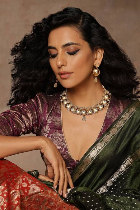 Shop_Swabhimann_Gold Plated Diamonds, Stones Embellished Temple Necklace Set _Online_at_Aza_Fashions