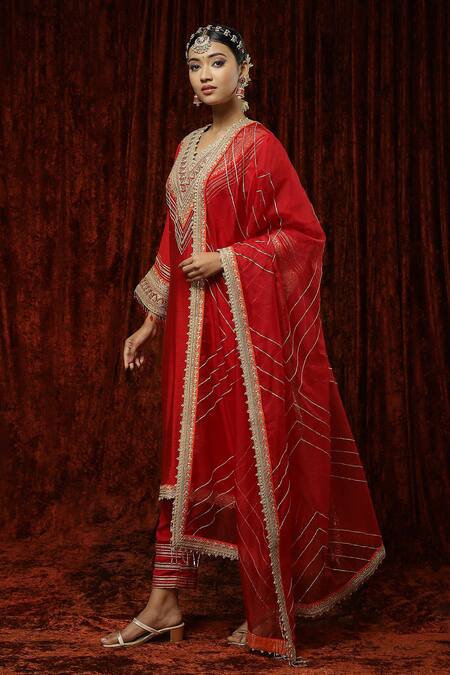 Buy Shikhar Sharma Red Silk Chanderi Embroidered Pearl V Neck Kurta Pant Set Online at Aza Fashions Buy_Shikhar Sharma_Red Silk Chanderi Embroidered Pearl V Neck Kurta Pant Set _Online_at_Aza_Fashions