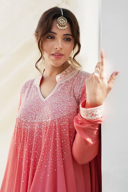 Buy_Kanika Sharma_Coral Modal Pearls, Sequins, Zari V-neck And Embroidered Anarkali Set _Online_at_Aza_Fashions